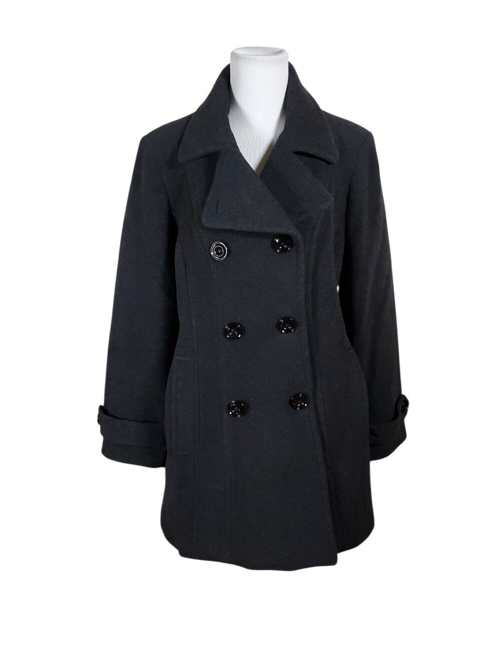 Anne Klein Gray Wool Blend Double Breasted Pea Car Coat Minimalist Capsule Sz L